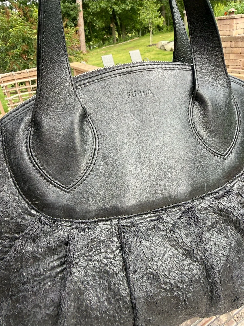 EUC Furla Black mixed-texture design Leather Satchel Rare Vintage Tote Bag - Picture 7 of 11